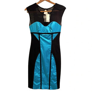 Bebe Melany Mesh Satin Stretch Turquoise Blue and Black Bodycon Pencil Dress XS